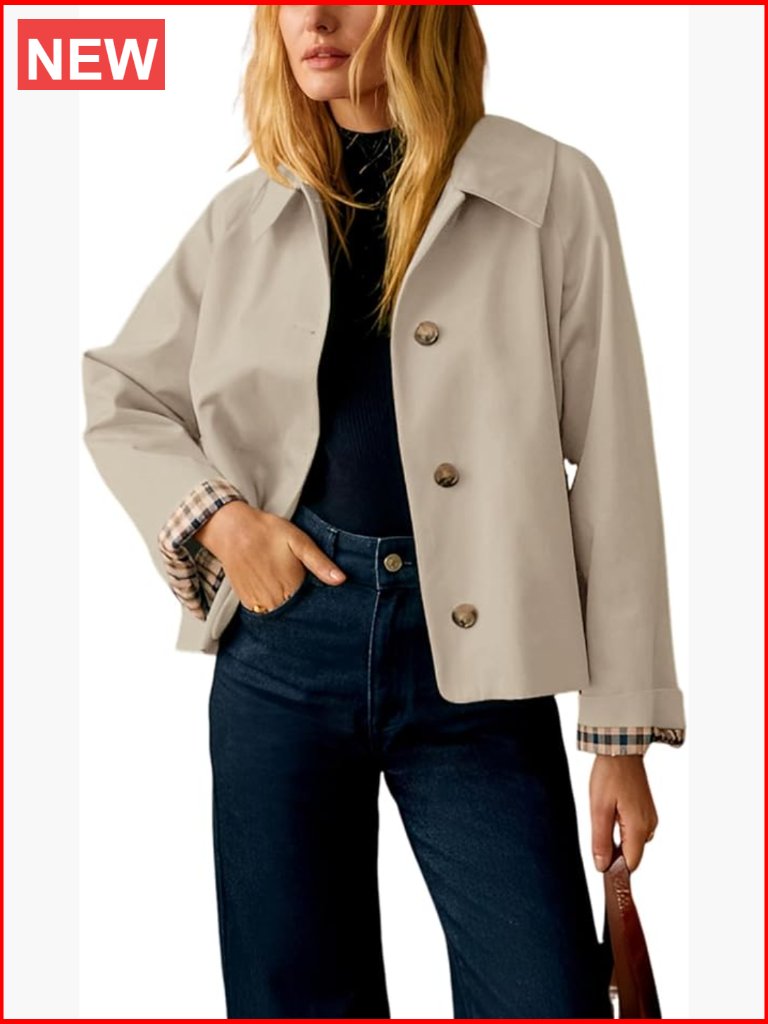 Oversized Trench Coat With Plaid Lining Button Down Crop Jacket With Pockets